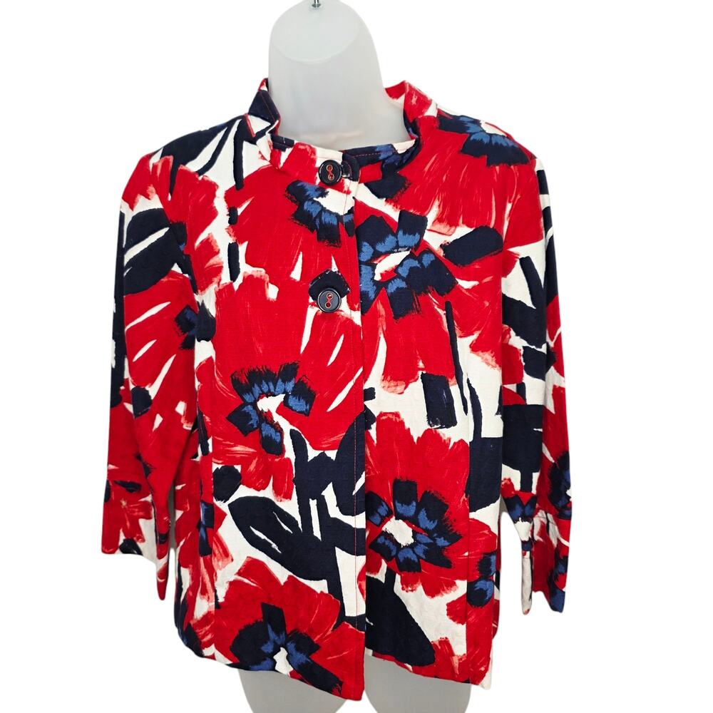 Ruby Rd. Blue & Red Floral Print 3/4 Sleeve Women's 2 Button Front Jacket Sz 14